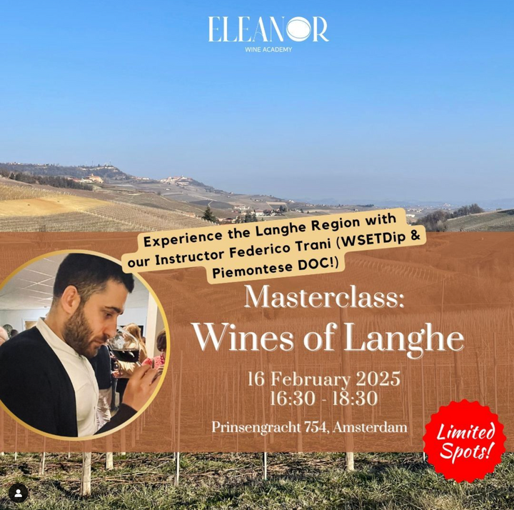 A wine masterclass at Eleanor Wine Academy featuring six exceptional wines from the Langhe region, including Barolo and Barbaresco, led by WSET Educator Federico Trani in Amsterdam