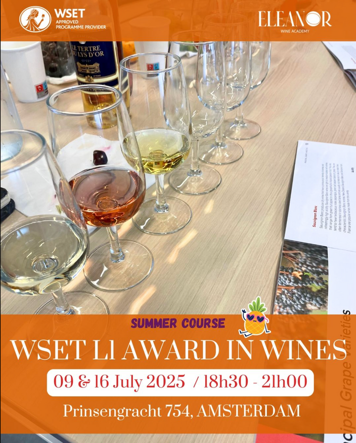 Wine glasses on a sunny terrace in Amsterdam – promoting WSET Level 1 summer wine course at Eleanor Wine Academy
