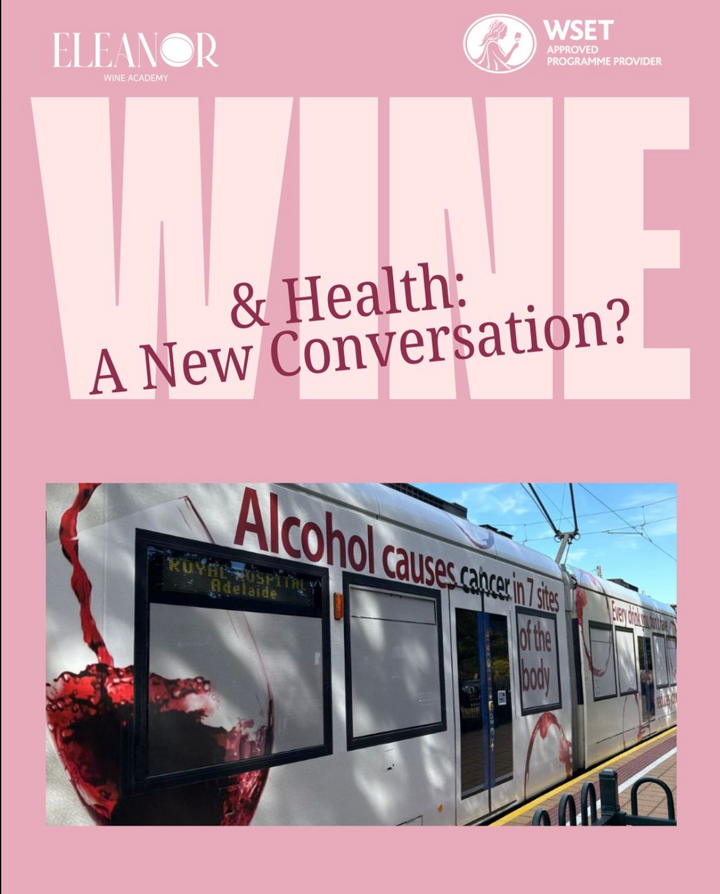 Glass of red wine with health warning – discussing alcohol, cancer risks, and responsible wine education at Eleanor Wine Academy